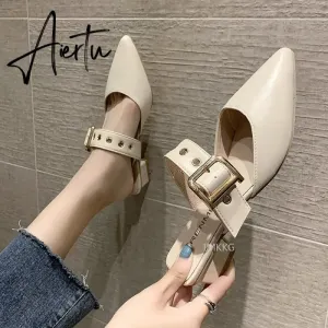 Aiertu  Elegant Mules Women Closed Leather Casual Slippers Woman Metal Buckle High Heels Female Pointed Toe Shoes