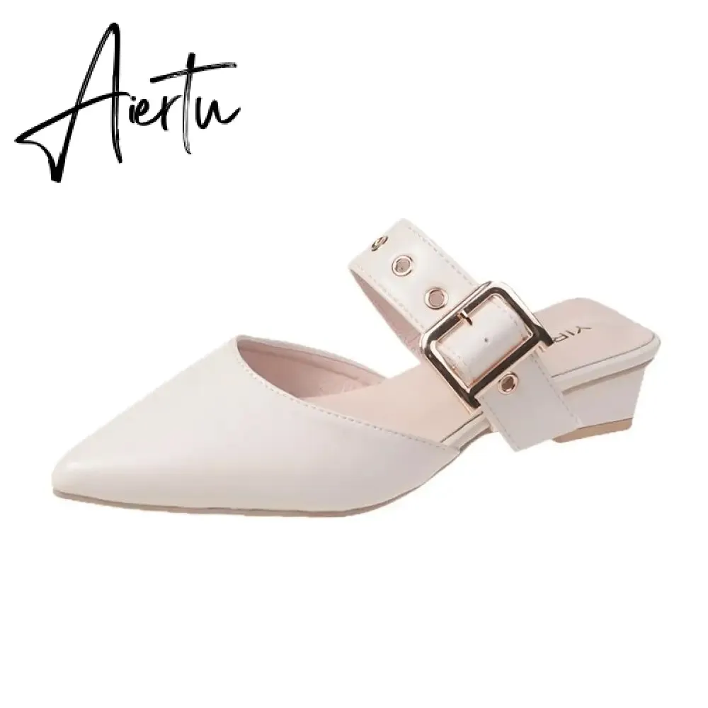 Aiertu  Elegant Mules Women Closed Leather Casual Slippers Woman Metal Buckle High Heels Female Pointed Toe Shoes