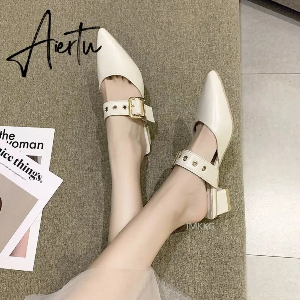 Aiertu  Elegant Mules Women Closed Leather Casual Slippers Woman Metal Buckle High Heels Female Pointed Toe Shoes