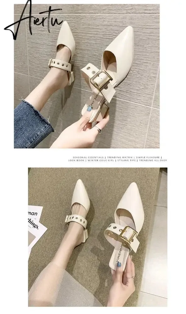 Aiertu  Elegant Mules Women Closed Leather Casual Slippers Woman Metal Buckle High Heels Female Pointed Toe Shoes