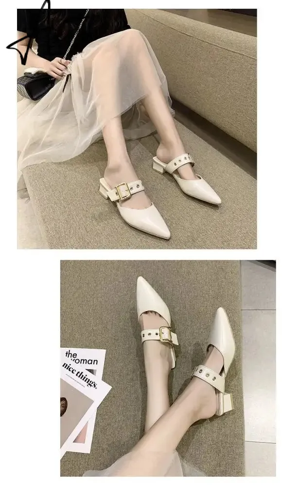 Aiertu  Elegant Mules Women Closed Leather Casual Slippers Woman Metal Buckle High Heels Female Pointed Toe Shoes