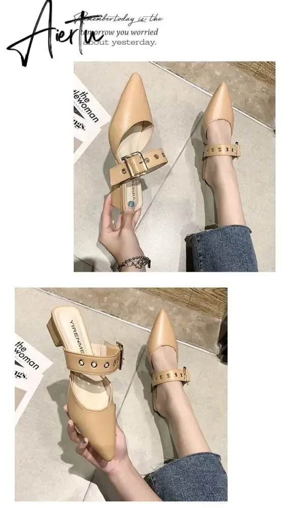 Aiertu  Elegant Mules Women Closed Leather Casual Slippers Woman Metal Buckle High Heels Female Pointed Toe Shoes