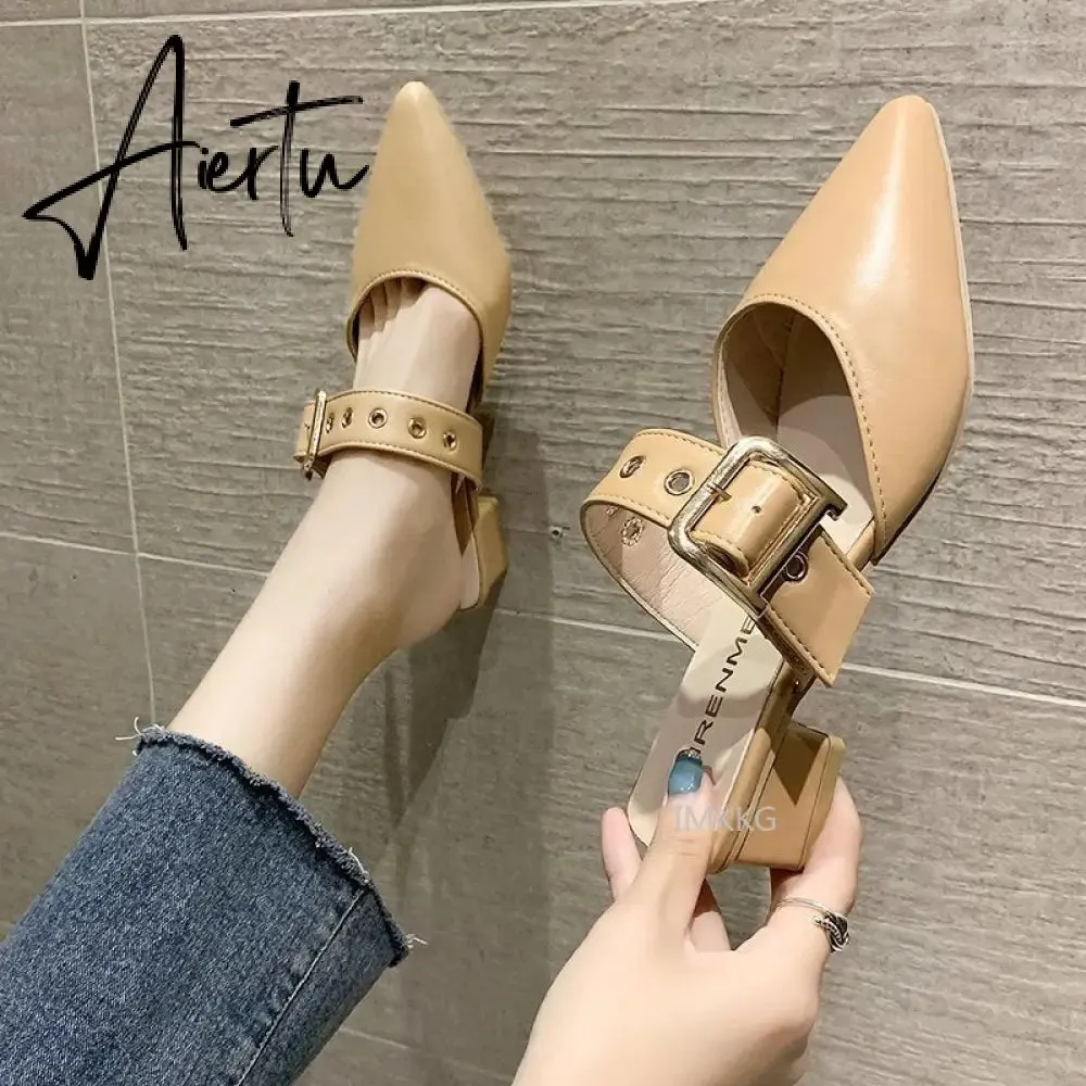 Aiertu  Elegant Mules Women Closed Leather Casual Slippers Woman Metal Buckle High Heels Female Pointed Toe Shoes