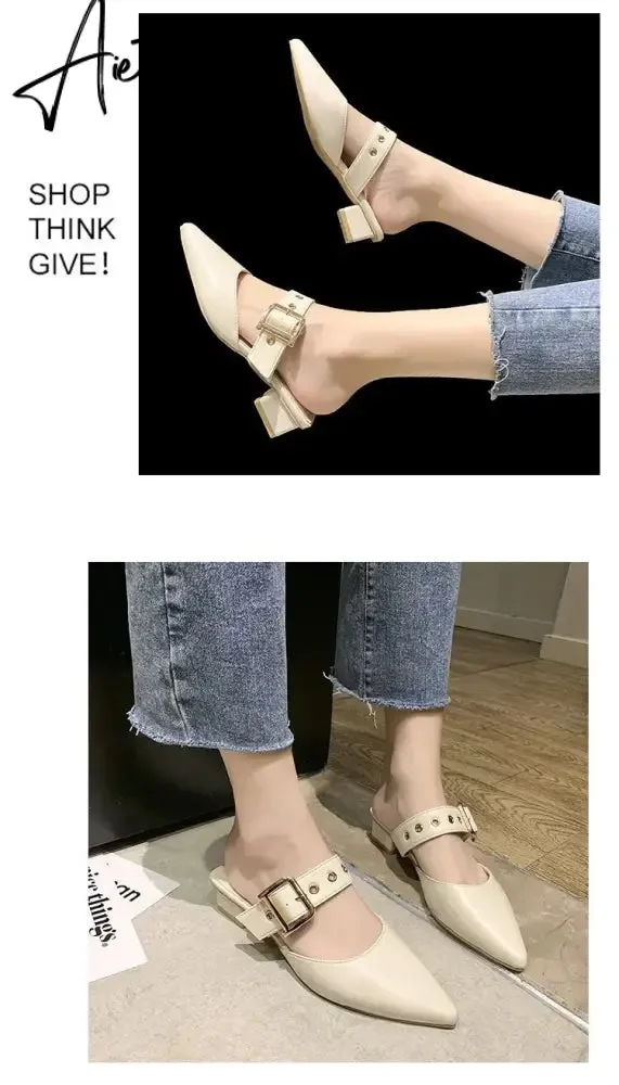 Aiertu  Elegant Mules Women Closed Leather Casual Slippers Woman Metal Buckle High Heels Female Pointed Toe Shoes
