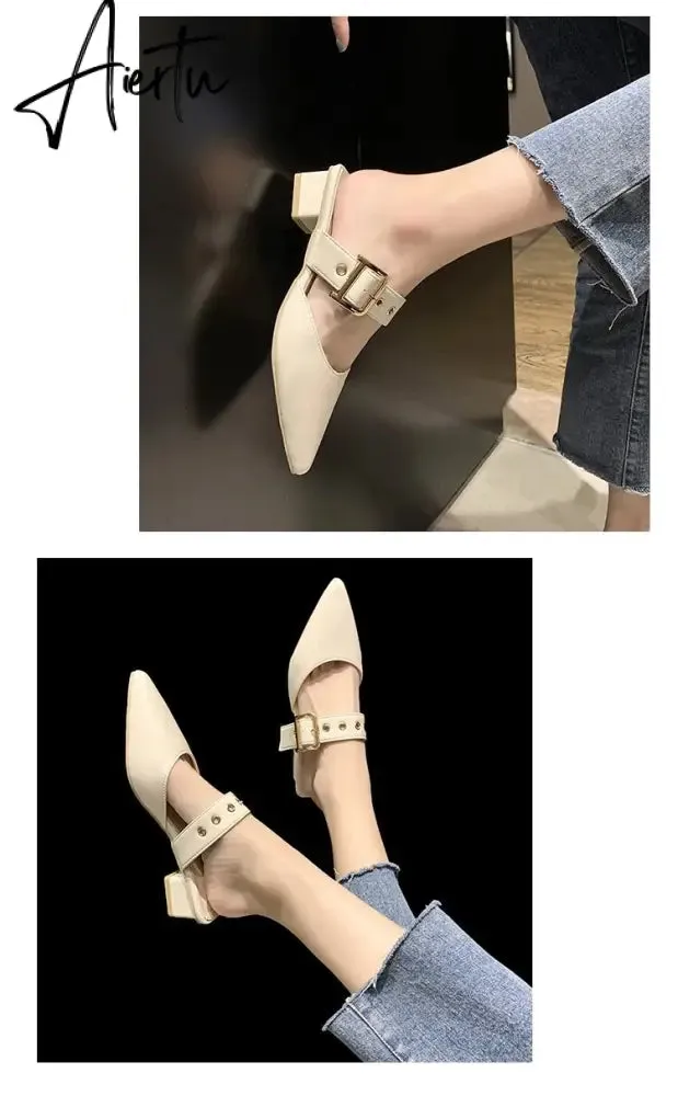 Aiertu  Elegant Mules Women Closed Leather Casual Slippers Woman Metal Buckle High Heels Female Pointed Toe Shoes