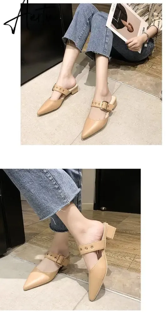 Aiertu  Elegant Mules Women Closed Leather Casual Slippers Woman Metal Buckle High Heels Female Pointed Toe Shoes