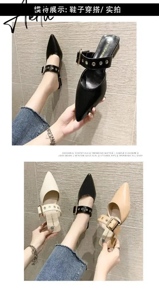 Aiertu  Elegant Mules Women Closed Leather Casual Slippers Woman Metal Buckle High Heels Female Pointed Toe Shoes