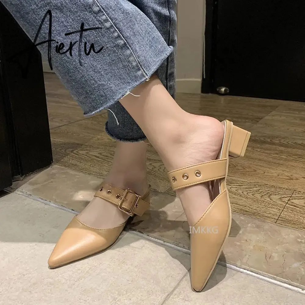 Aiertu  Elegant Mules Women Closed Leather Casual Slippers Woman Metal Buckle High Heels Female Pointed Toe Shoes