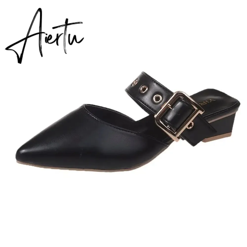 Aiertu  Elegant Mules Women Closed Leather Casual Slippers Woman Metal Buckle High Heels Female Pointed Toe Shoes