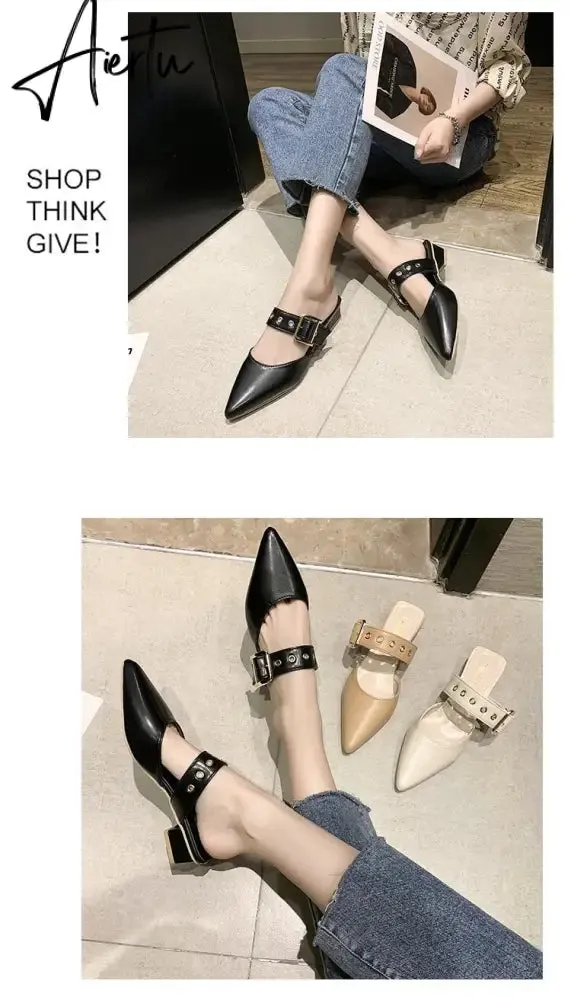 Aiertu  Elegant Mules Women Closed Leather Casual Slippers Woman Metal Buckle High Heels Female Pointed Toe Shoes