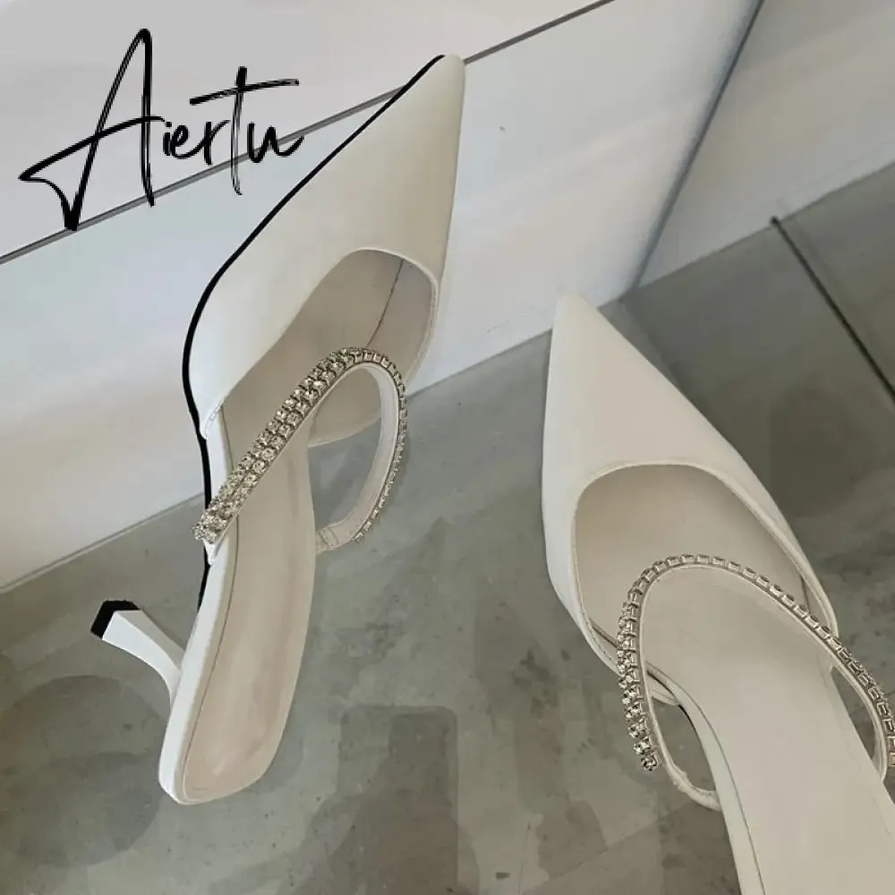 Aiertu Fashion Brand Women Slipper Crystal Pointed Toe Slip On Mules Shoes Thin High Heel Ladies Elegant Dress Slides