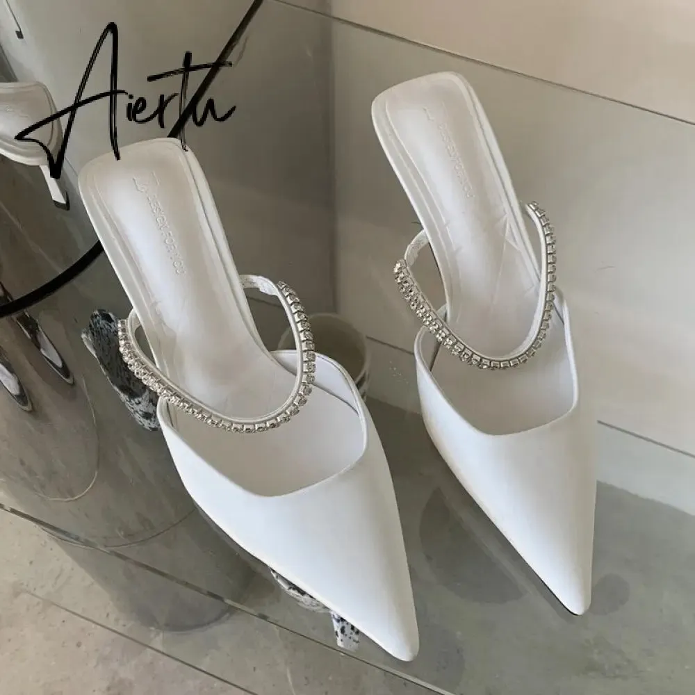 Aiertu Fashion Brand Women Slipper Crystal Pointed Toe Slip On Mules Shoes Thin High Heel Ladies Elegant Dress Slides