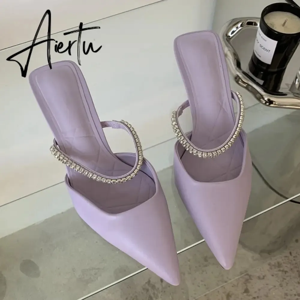 Aiertu Fashion Brand Women Slipper Crystal Pointed Toe Slip On Mules Shoes Thin High Heel Ladies Elegant Dress Slides