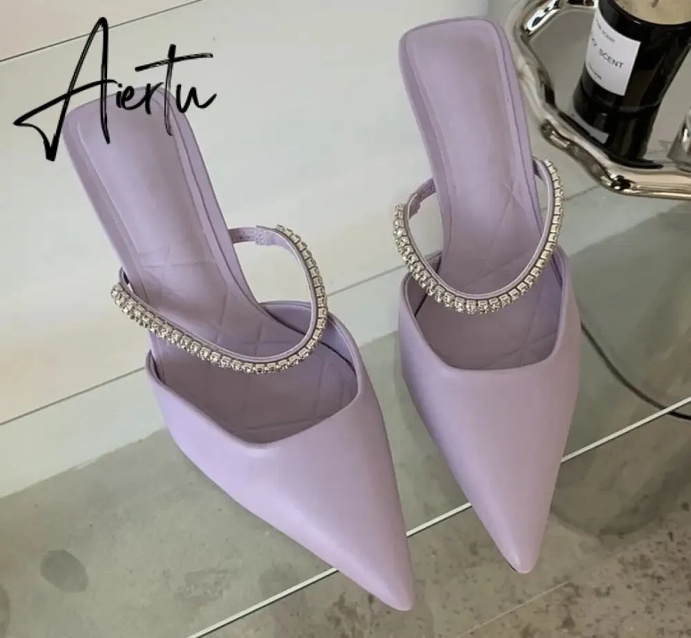 Aiertu Fashion Brand Women Slipper Crystal Pointed Toe Slip On Mules Shoes Thin High Heel Ladies Elegant Dress Slides