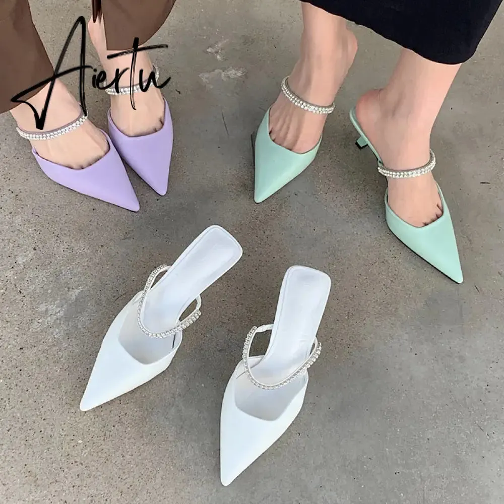 Aiertu Fashion Brand Women Slipper Crystal Pointed Toe Slip On Mules Shoes Thin High Heel Ladies Elegant Dress Slides
