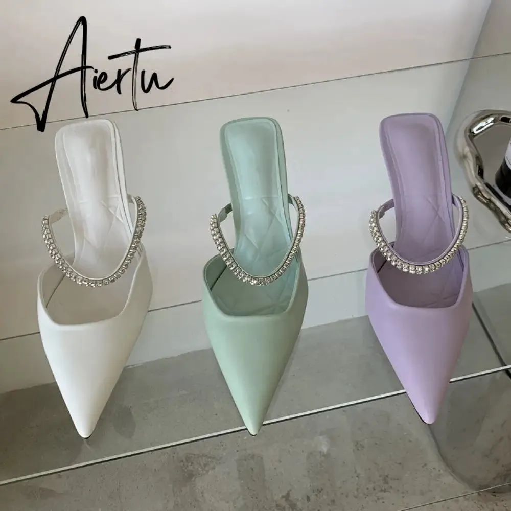 Aiertu Fashion Brand Women Slipper Crystal Pointed Toe Slip On Mules Shoes Thin High Heel Ladies Elegant Dress Slides