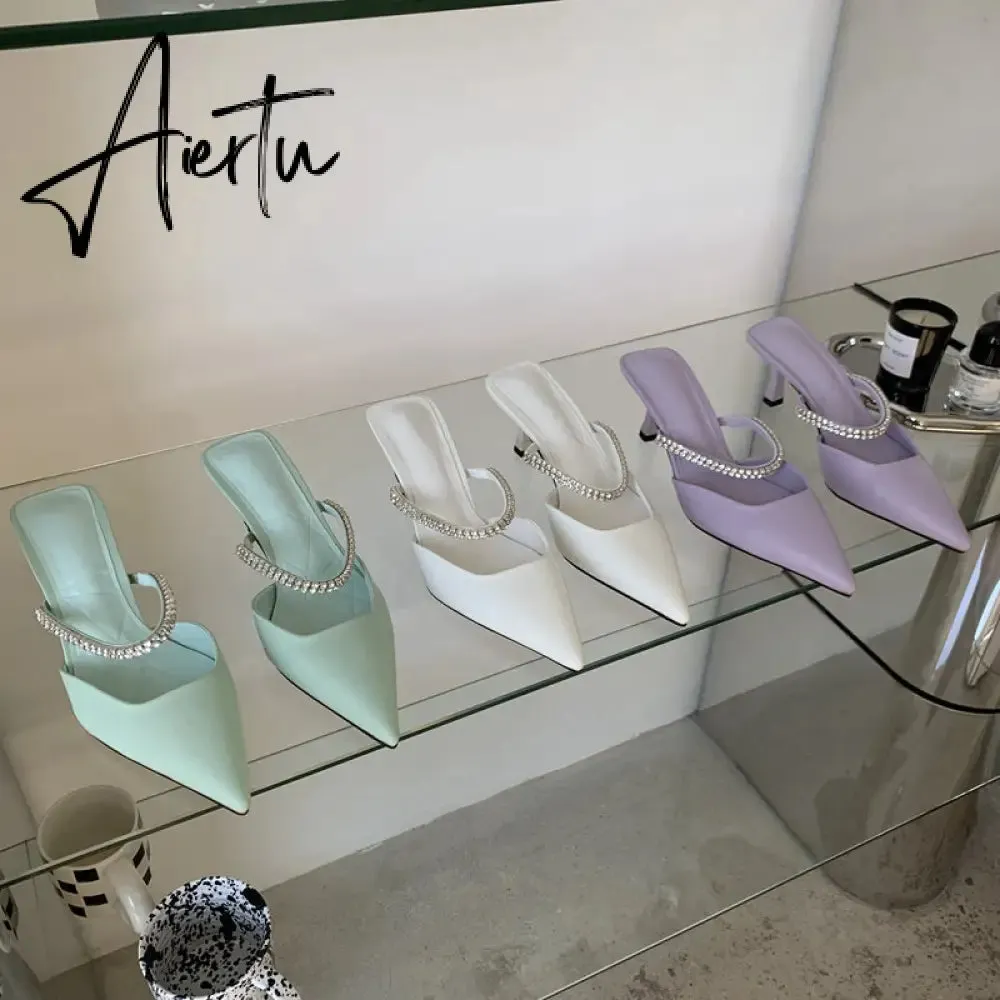 Aiertu Fashion Brand Women Slipper Crystal Pointed Toe Slip On Mules Shoes Thin High Heel Ladies Elegant Dress Slides