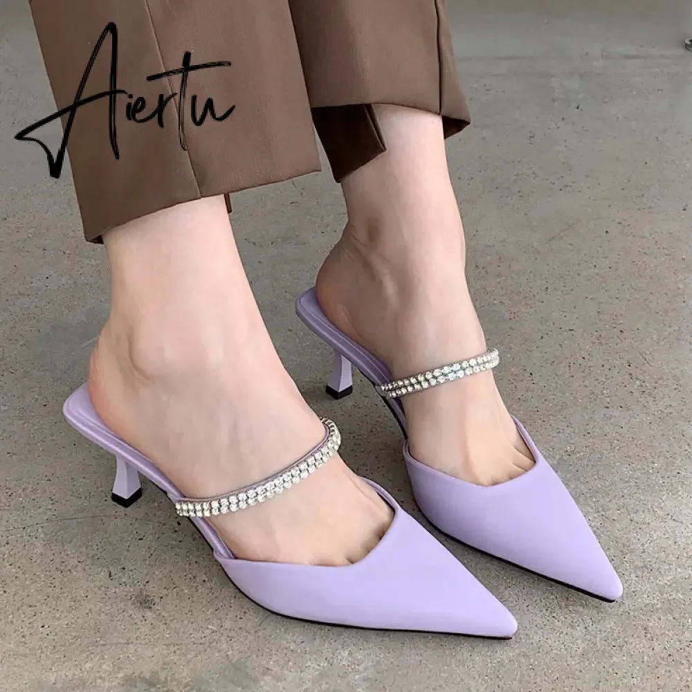 Aiertu Fashion Brand Women Slipper Crystal Pointed Toe Slip On Mules Shoes Thin High Heel Ladies Elegant Dress Slides