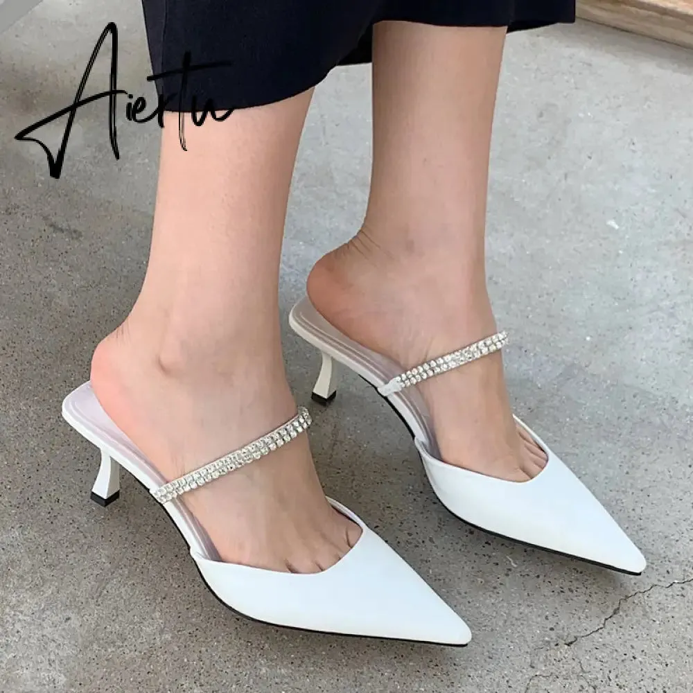 Aiertu Fashion Brand Women Slipper Crystal Pointed Toe Slip On Mules Shoes Thin High Heel Ladies Elegant Dress Slides