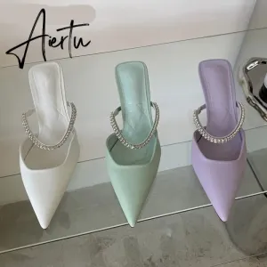 Aiertu Fashion Brand Women Slipper Crystal Pointed Toe Slip On Mules Shoes Thin High Heel Ladies Elegant Dress Slides