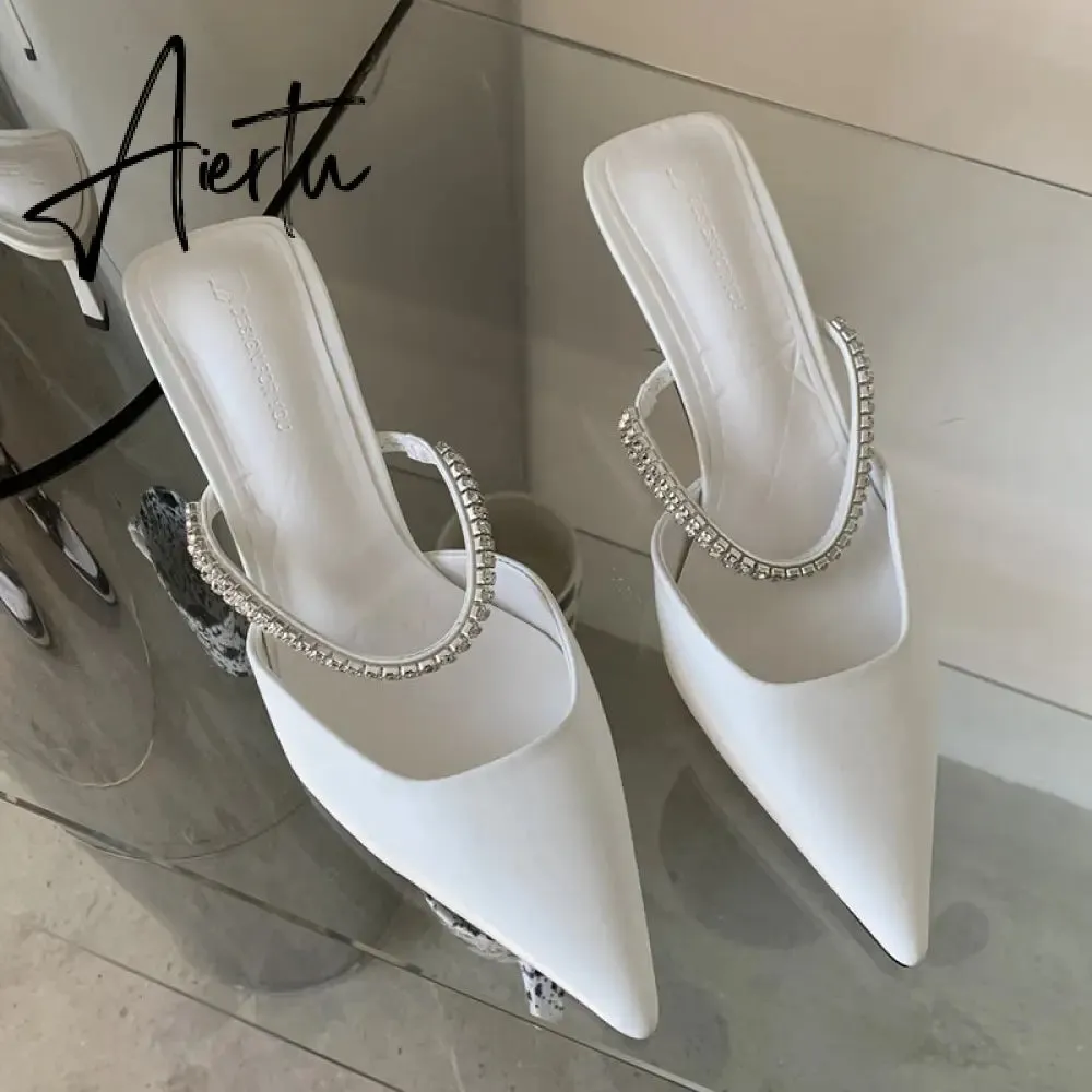 Aiertu Fashion Brand Women Slipper Crystal Pointed Toe Slip On Mules Shoes Thin High Heel Ladies Elegant Dress Slides