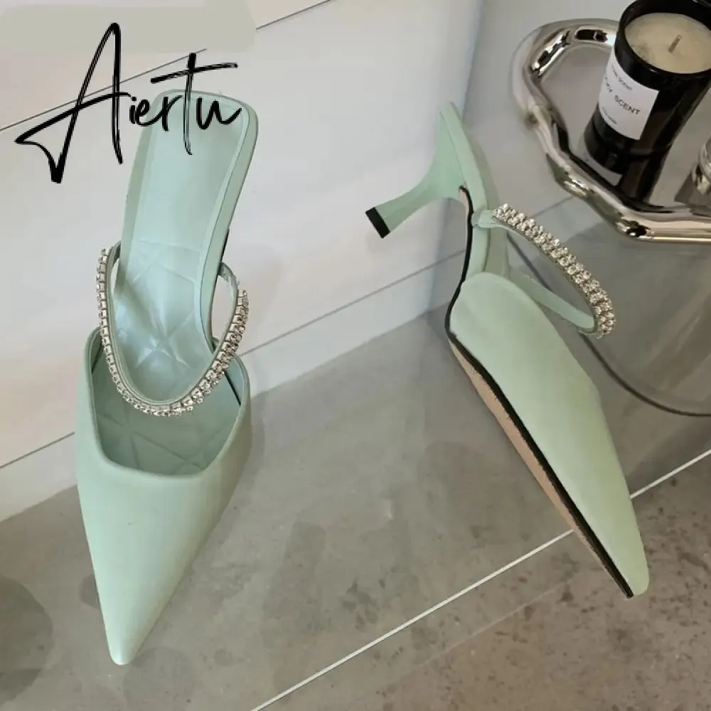 Aiertu Fashion Brand Women Slipper Crystal Pointed Toe Slip On Mules Shoes Thin High Heel Ladies Elegant Dress Slides