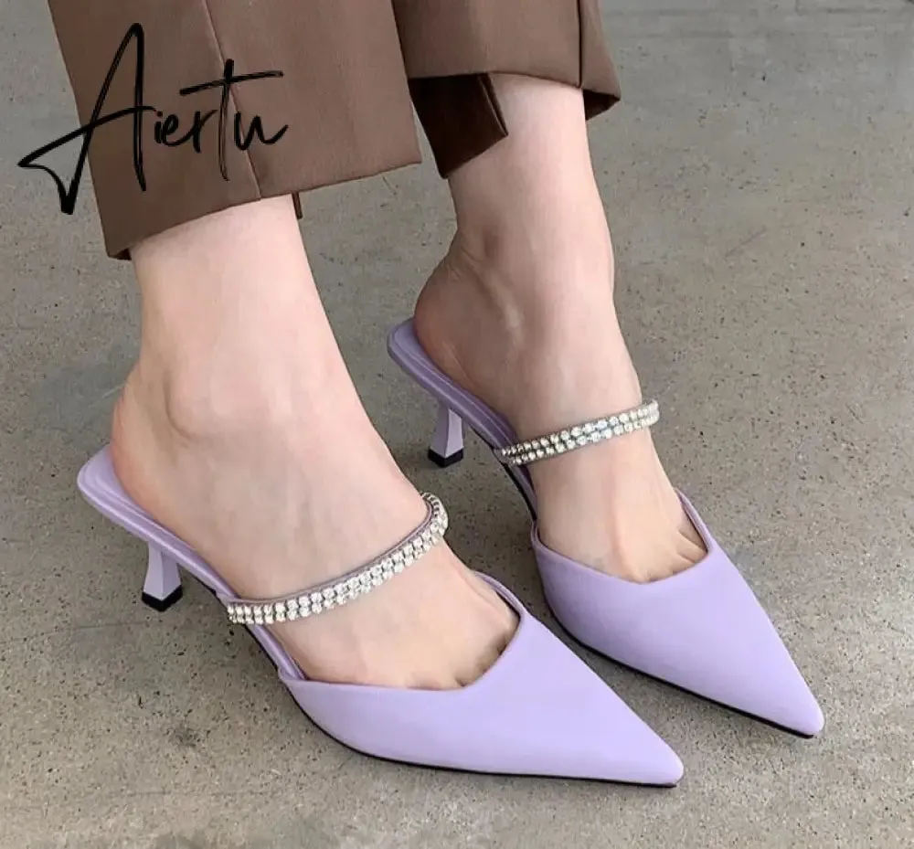 Aiertu Fashion Brand Women Slipper Crystal Pointed Toe Slip On Mules Shoes Thin High Heel Ladies Elegant Dress Slides