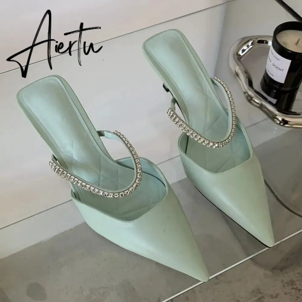 Aiertu Fashion Brand Women Slipper Crystal Pointed Toe Slip On Mules Shoes Thin High Heel Ladies Elegant Dress Slides