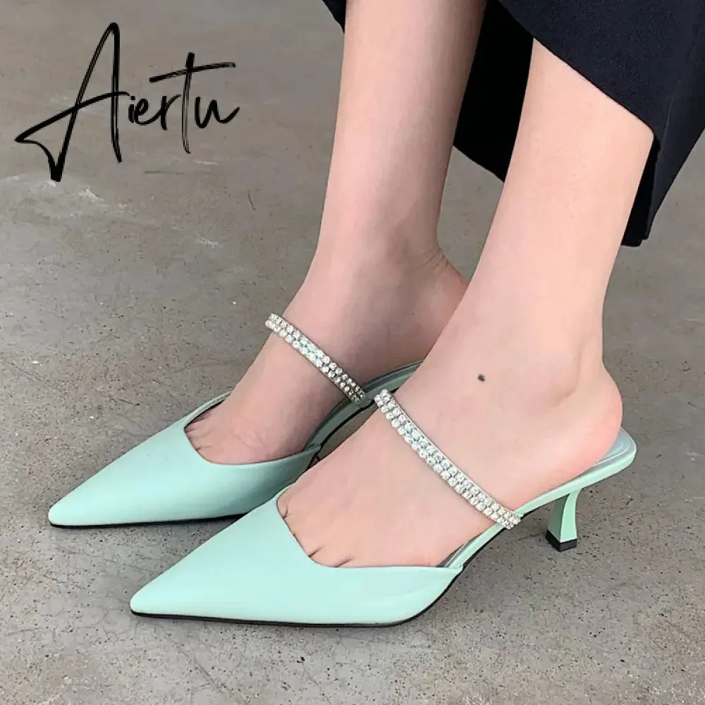 Aiertu Fashion Brand Women Slipper Crystal Pointed Toe Slip On Mules Shoes Thin High Heel Ladies Elegant Dress Slides