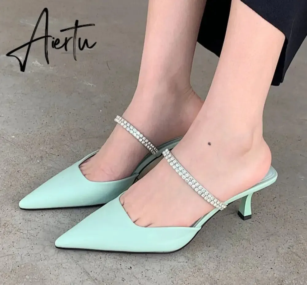 Aiertu Fashion Brand Women Slipper Crystal Pointed Toe Slip On Mules Shoes Thin High Heel Ladies Elegant Dress Slides