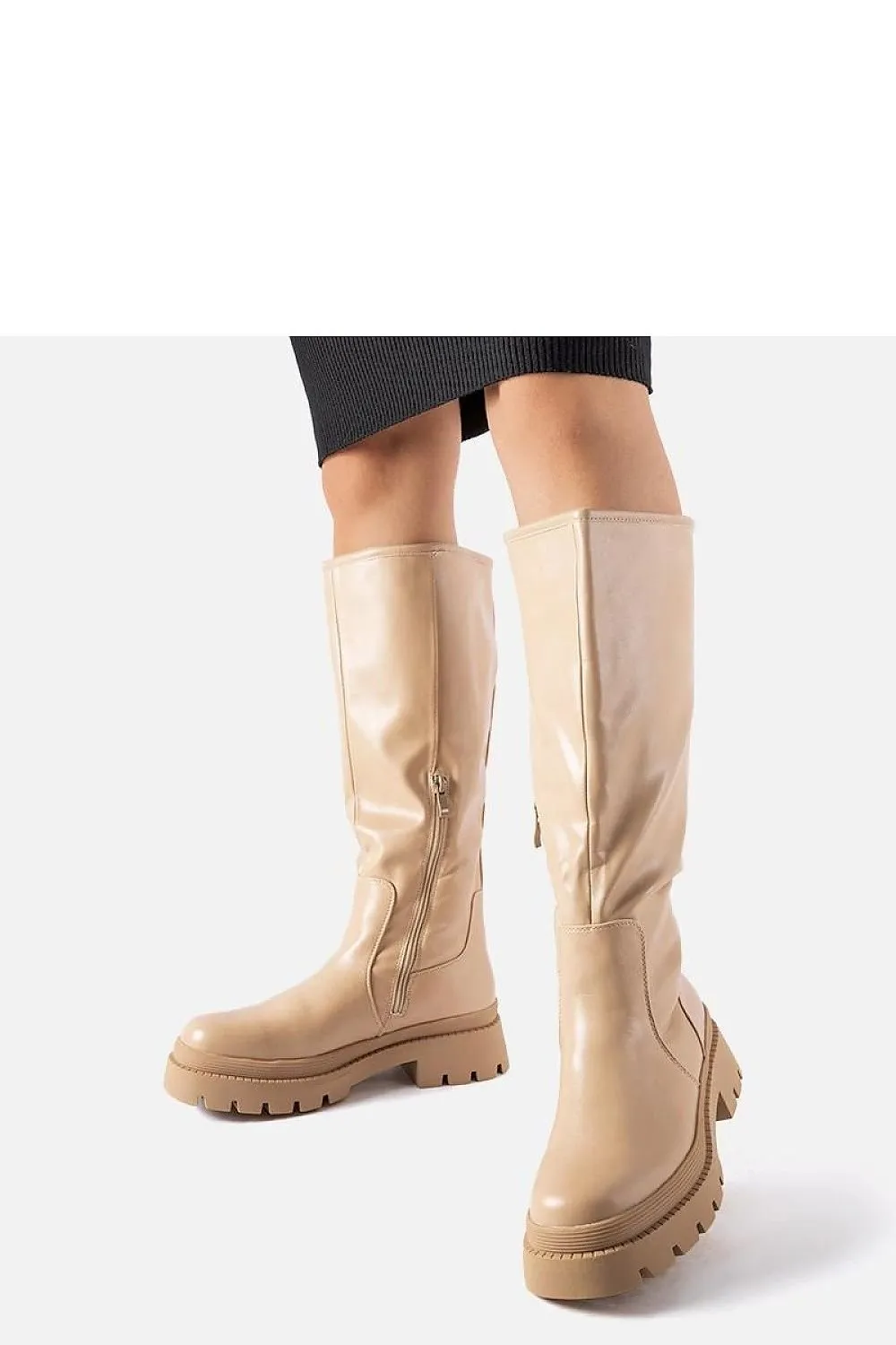 Beige flat classic knee-high boots