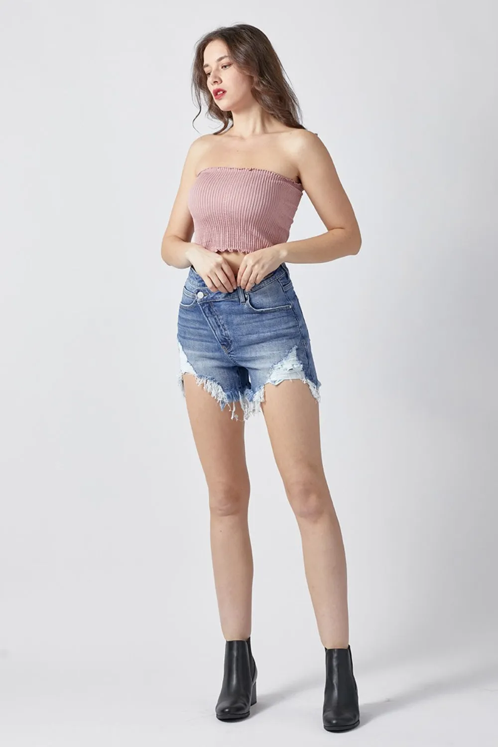 Birch Raw Hem Asymmetrical Waist Denim Shorts RISEN