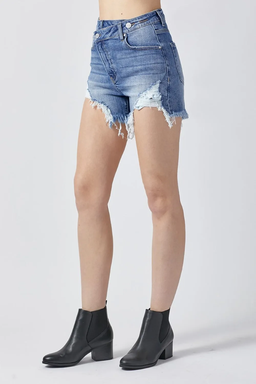Birch Raw Hem Asymmetrical Waist Denim Shorts RISEN