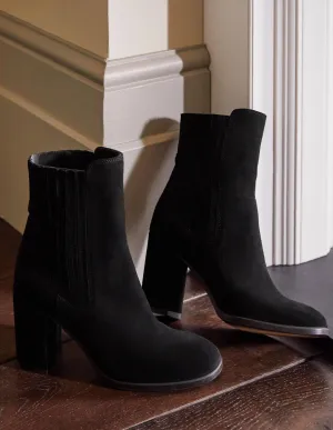 Block Heel Ankle Boots-Black Suede