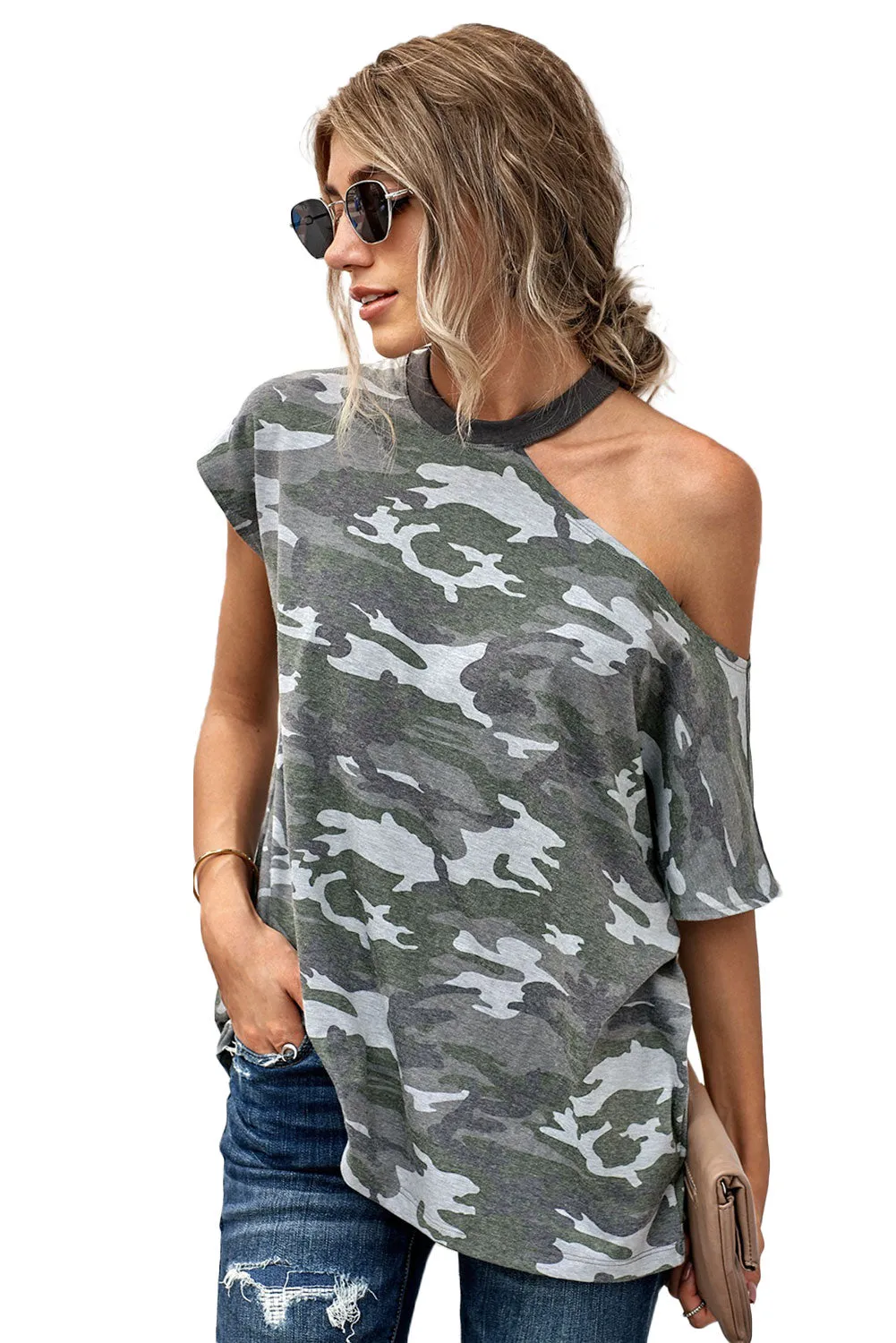 Camouflage Pattern Cut out Shoulder T-shirt