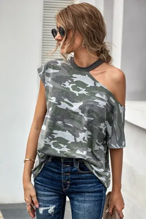 Camouflage Pattern Cut out Shoulder T-shirt