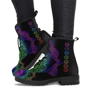 Combat Boots for Women - Chakra Mandala | Unique Custom Faux Leather Shoes, Cruelty-free Vegan Handmade Lace Up
