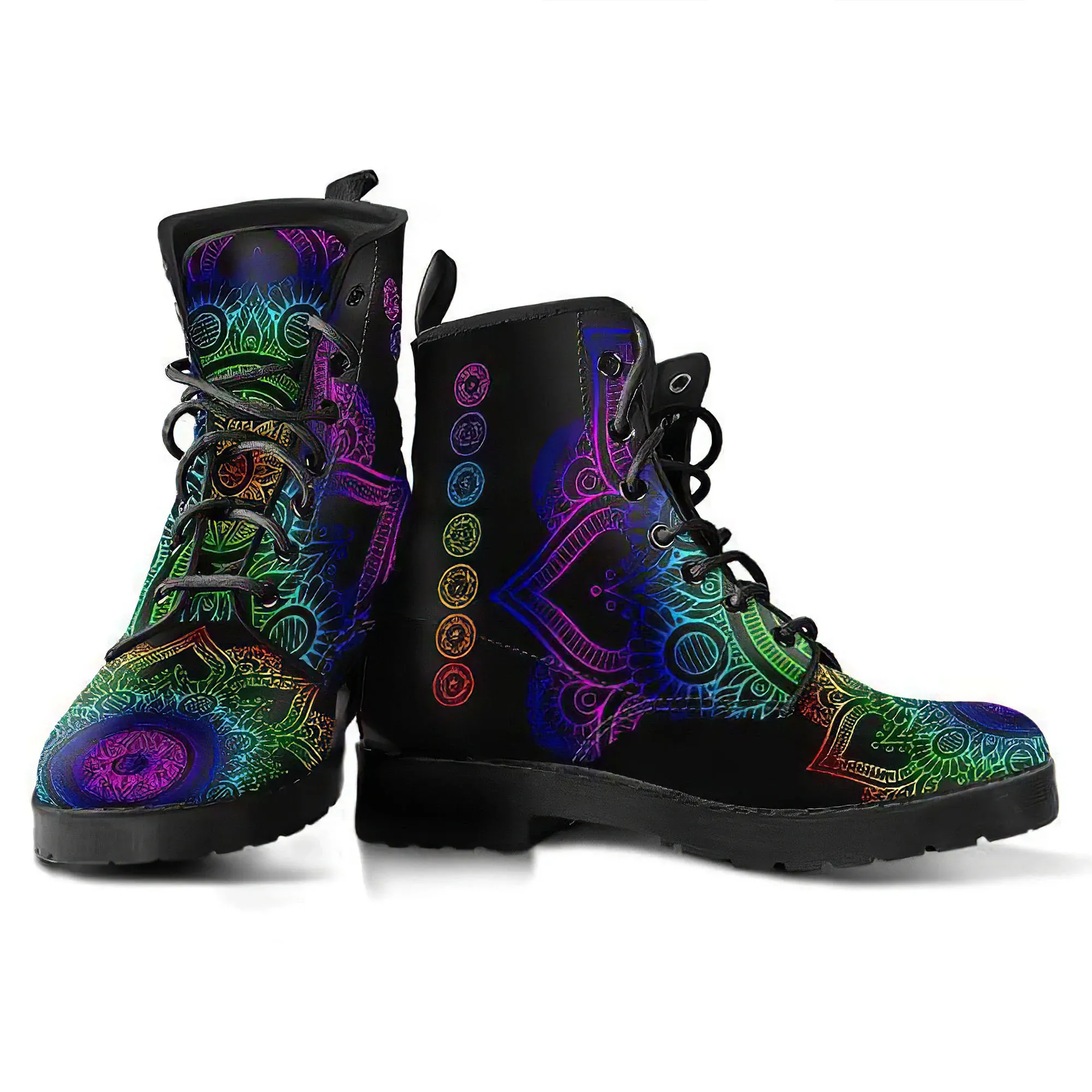 Combat Boots for Women - Chakra Mandala | Unique Custom Faux Leather Shoes, Cruelty-free Vegan Handmade Lace Up