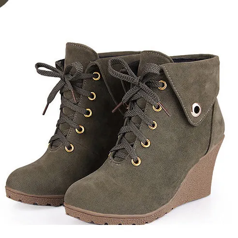 Curled Edge Lace UP Round Toe Wedge Short Boots