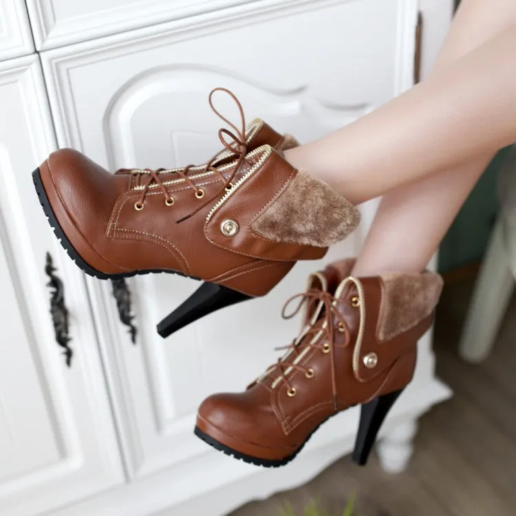 Curled Edge Platform Pointed Toe Lace Up Stiletto Heel Short Boots