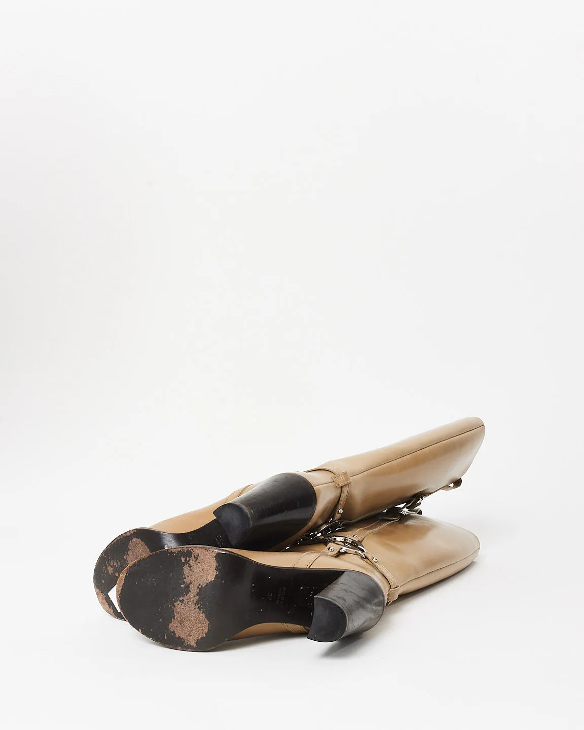 Gucci Taupe Leather G Buckle Block Heel Boots - 37
