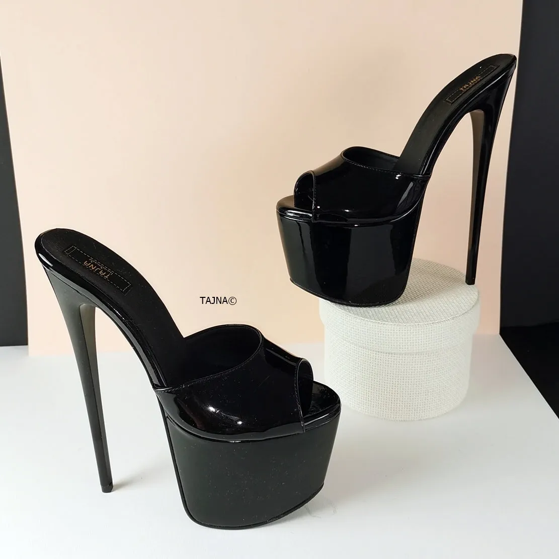 Hot Black Patent High Heel Mules