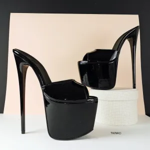 Hot Black Patent High Heel Mules