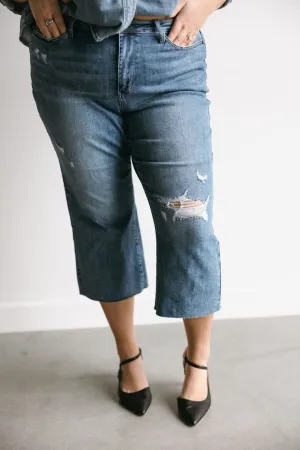JUDY BLUE HIGH WAIST DESTROYED WIDE LEG CROP WITH RAW HEM