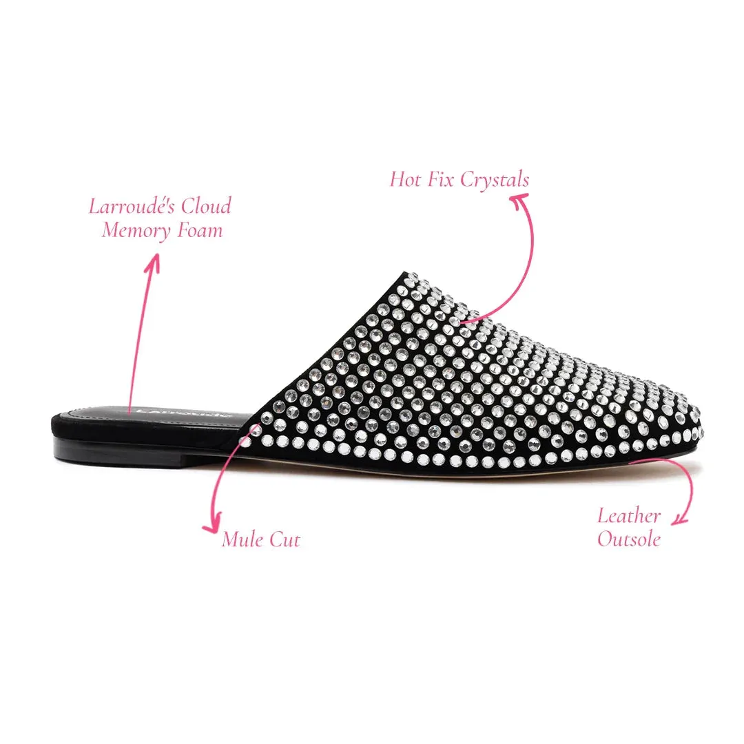 Larroude Venice Flat Mule Crystal In Black Suede