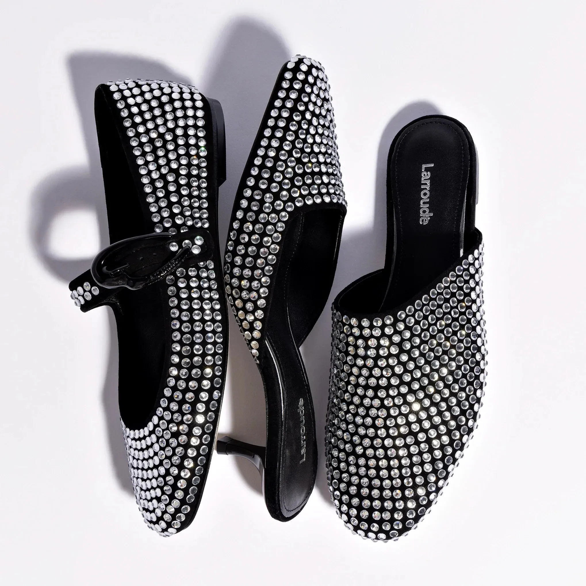 Larroude Venice Flat Mule Crystal In Black Suede