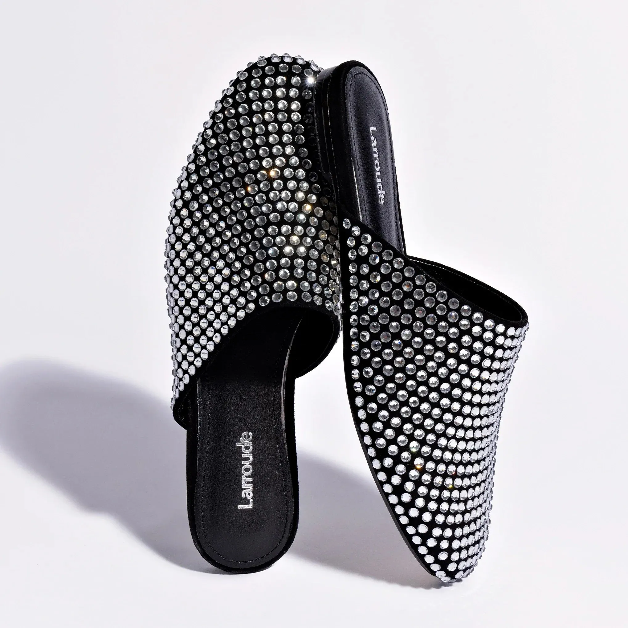 Larroude Venice Flat Mule Crystal In Black Suede