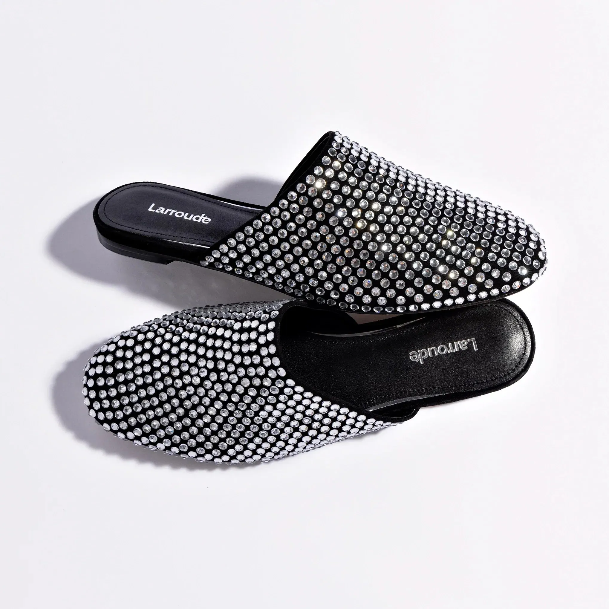 Larroude Venice Flat Mule Crystal In Black Suede