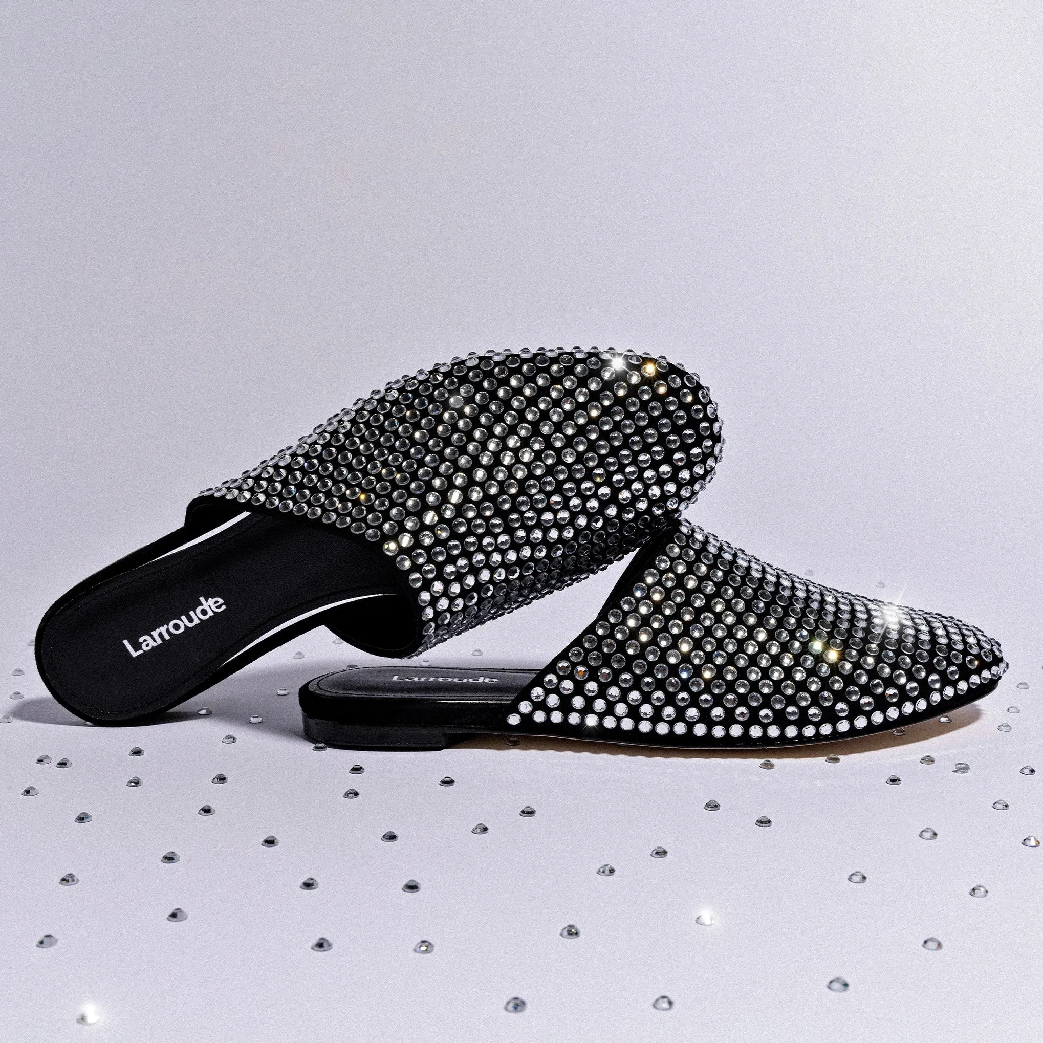 Larroude Venice Flat Mule Crystal In Black Suede