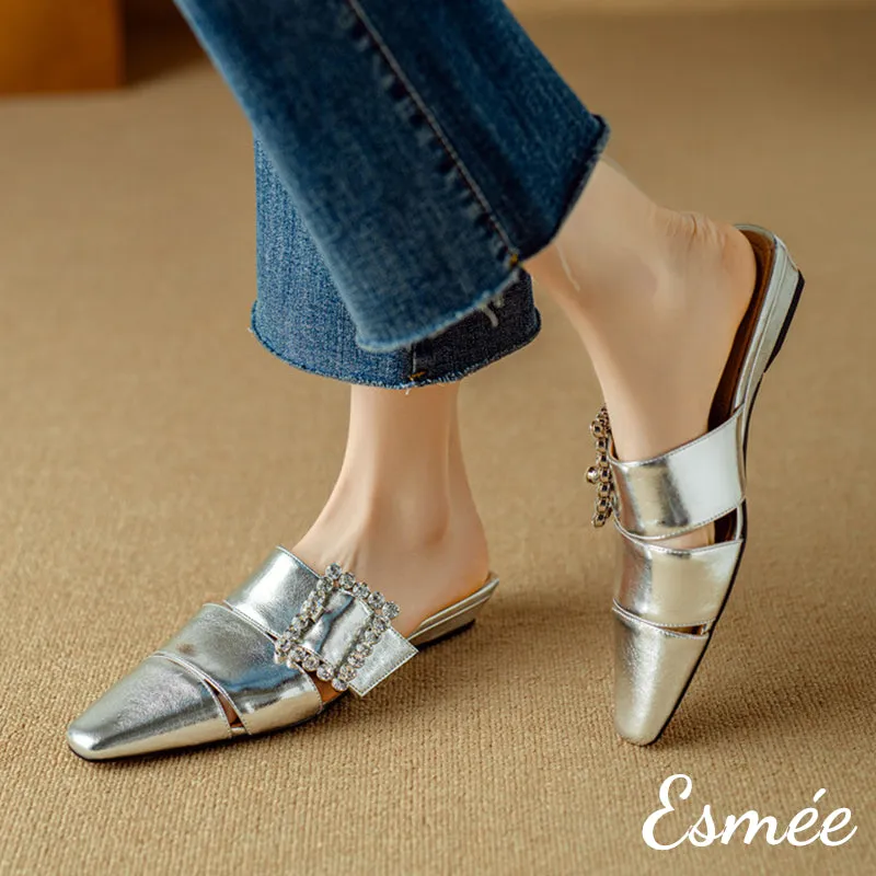 Leather Roman Mules with Diamond Buckle